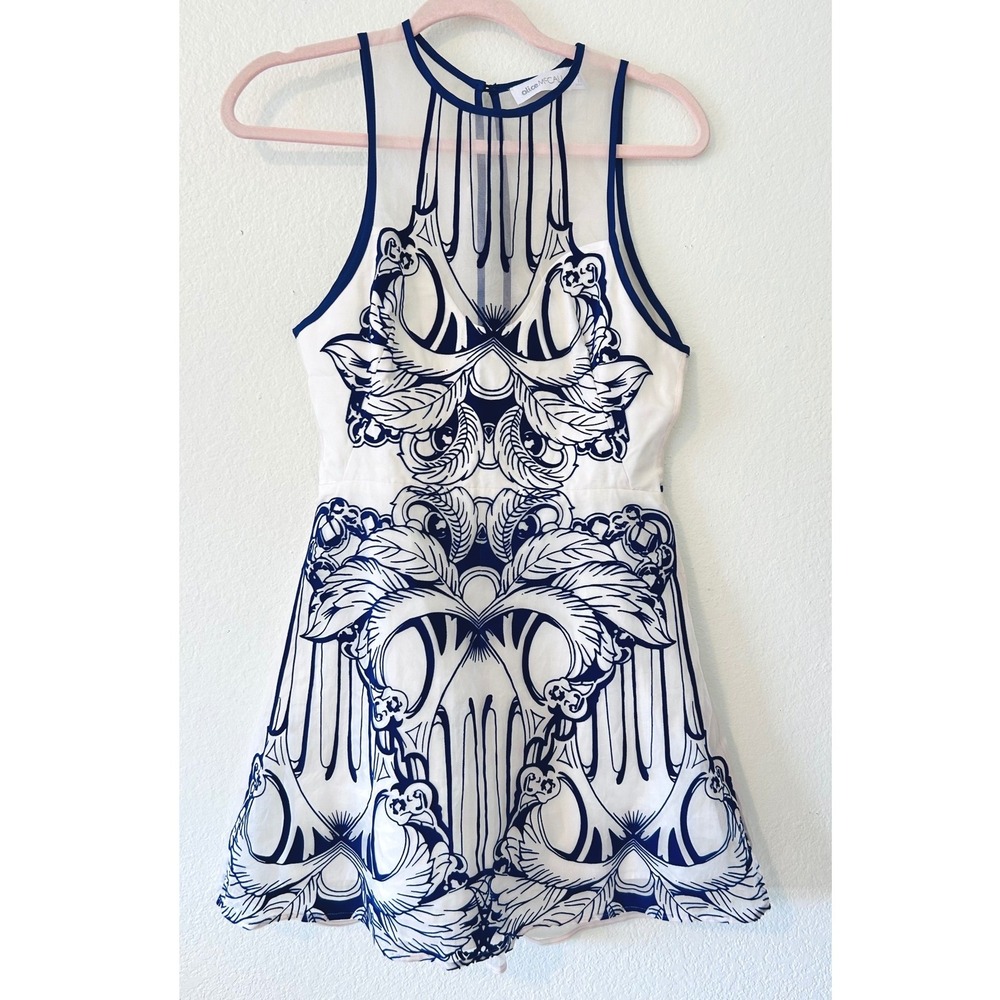 Alice McCall Blue White Graphic Print Silk Dress Sheer Mesh Neckline SZ 6